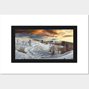 Countryside road at sunset, winter Posters and Art